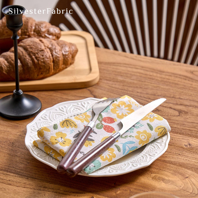 Yellow floral farmhouse placemats edge stitching detail