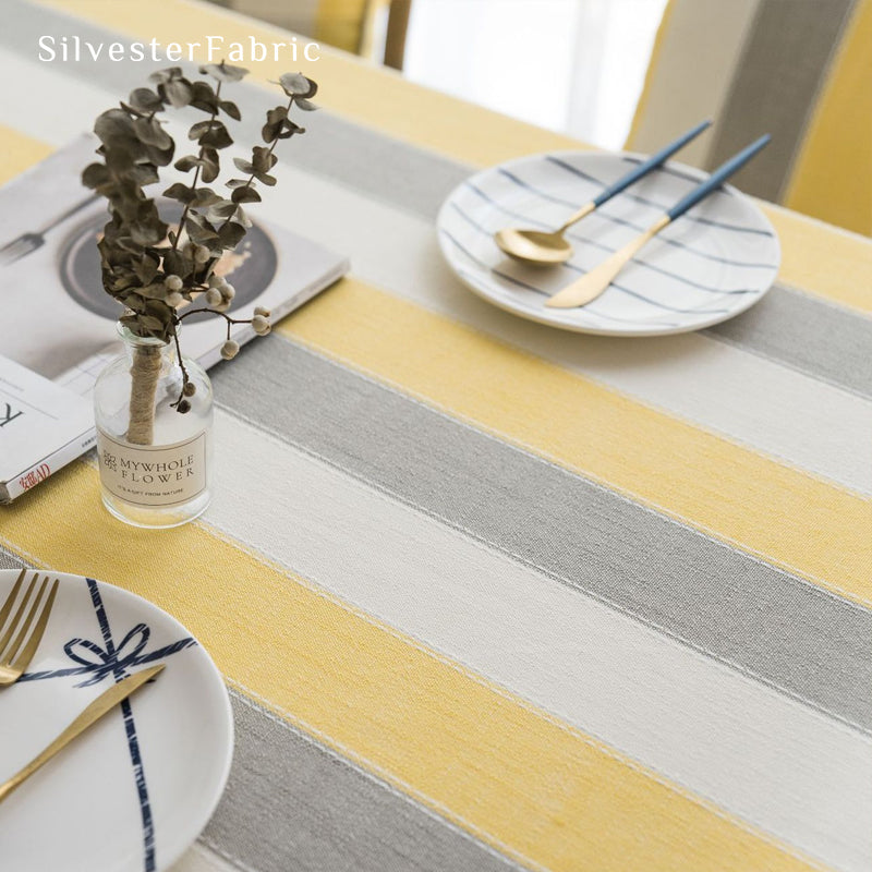 yellow striped farmhouse tablecloth fabric close-up