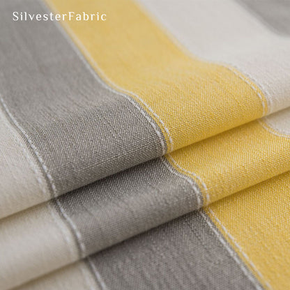 yellow striped farmhouse tablecloth edge stitching detail
