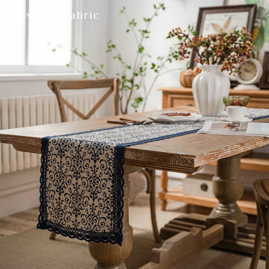 Blue Lace French Farmhouse Floral Print Linen Outdoor Table Runners