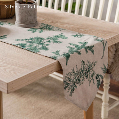 French Green Pine And Bird Pattern Print Farmhouse Linen Table Runners