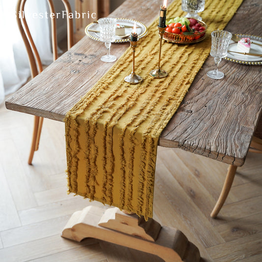 Yellow French Stripes Appliqué Outdoor Vintage Country Table Runner