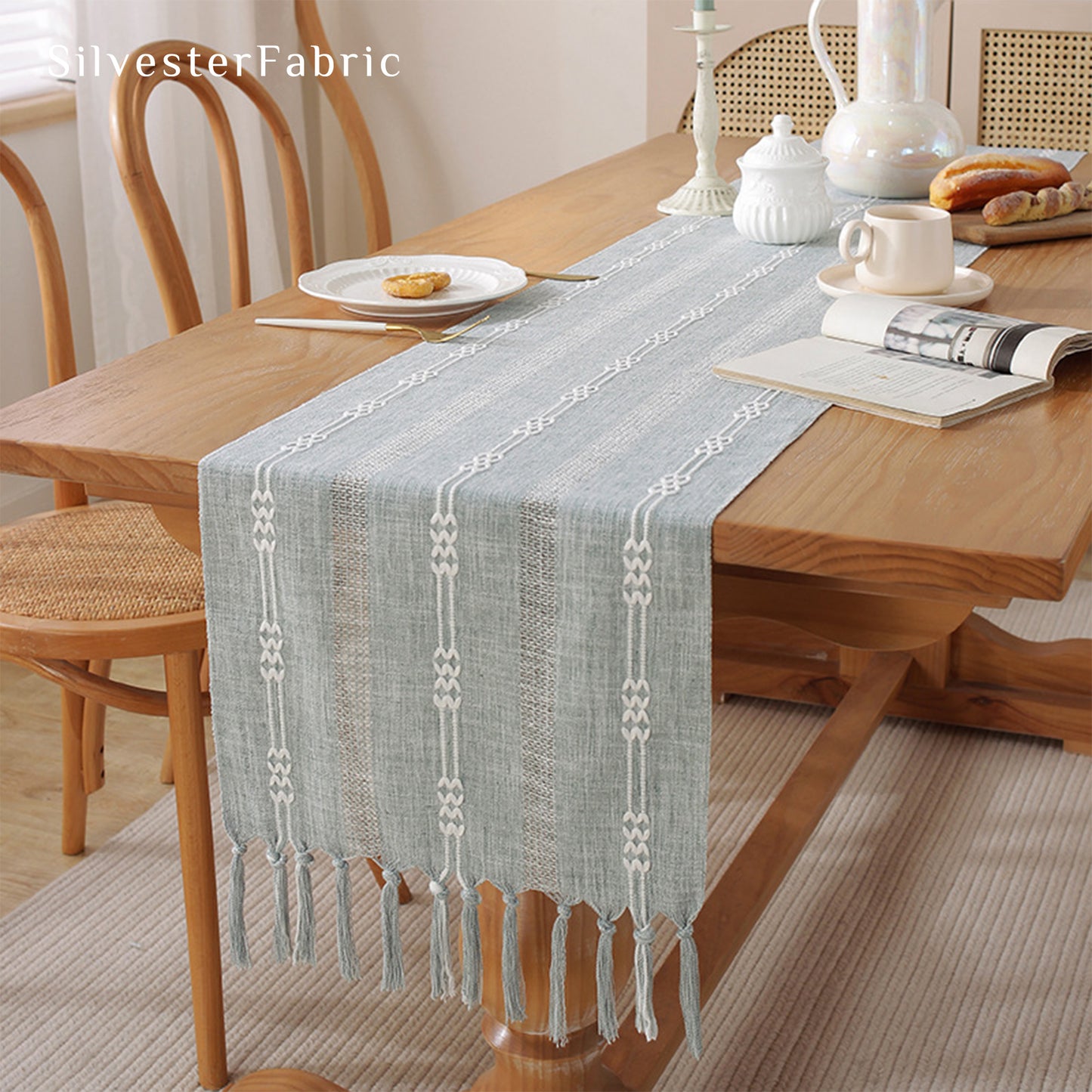 Grey French Country Vintage Embroidery Stripes  Wide Long Table Runner