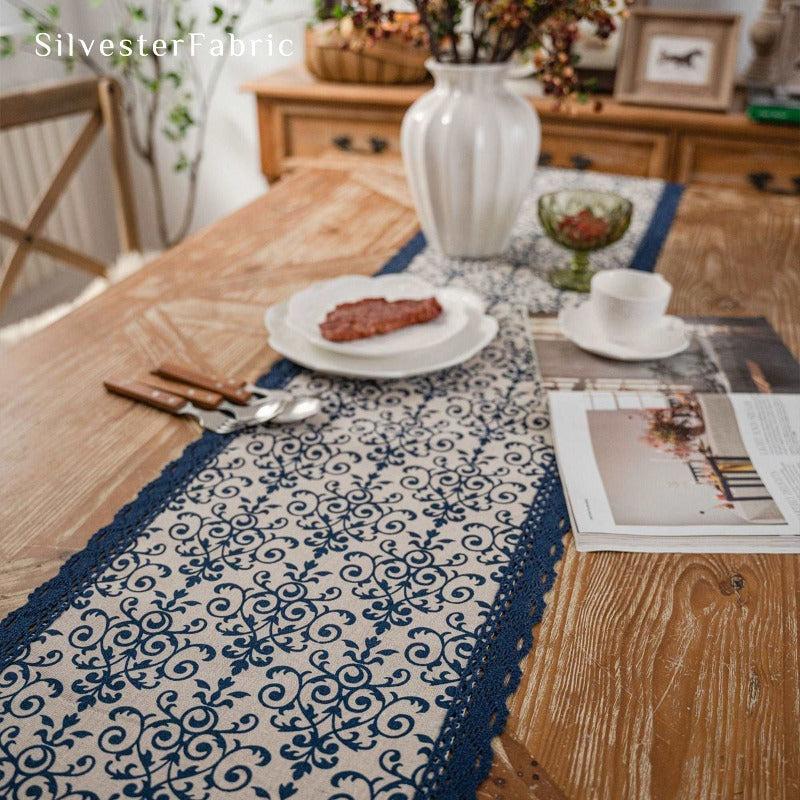 Blue floral linen table runner on the table