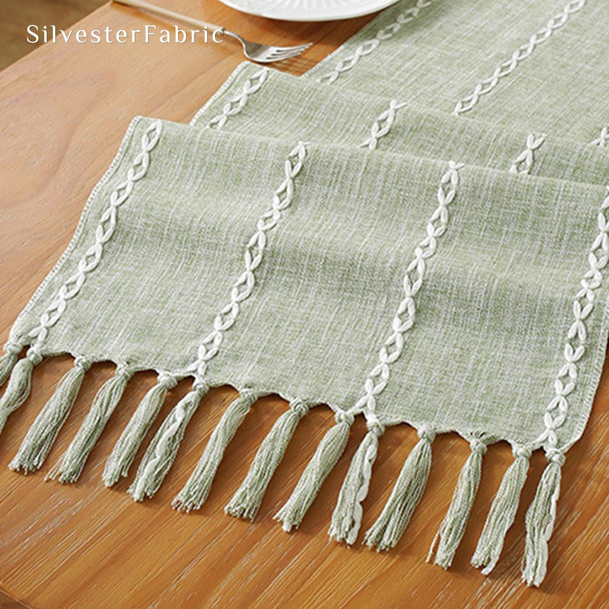 Green Vintage Stripes Embroidery French Linen Outdoor Table Runners