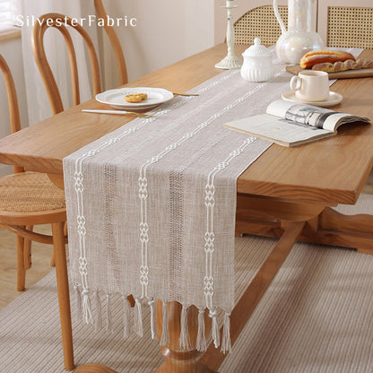 Grey French Country Vintage Embroidery Stripes  Wide Long Table Runner