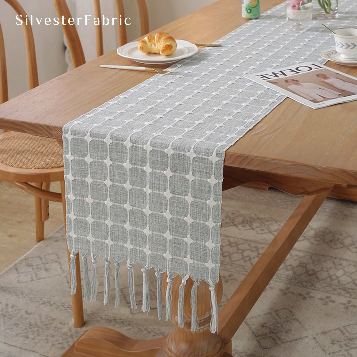 Gray Linen Plaid Embroidery French Vintage Country Table Runners