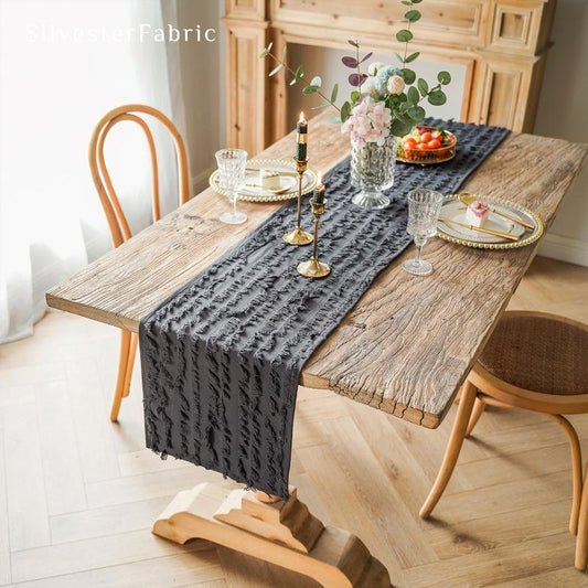 Close‑up of Dark Grey Striped Jacquard Table Runner corner