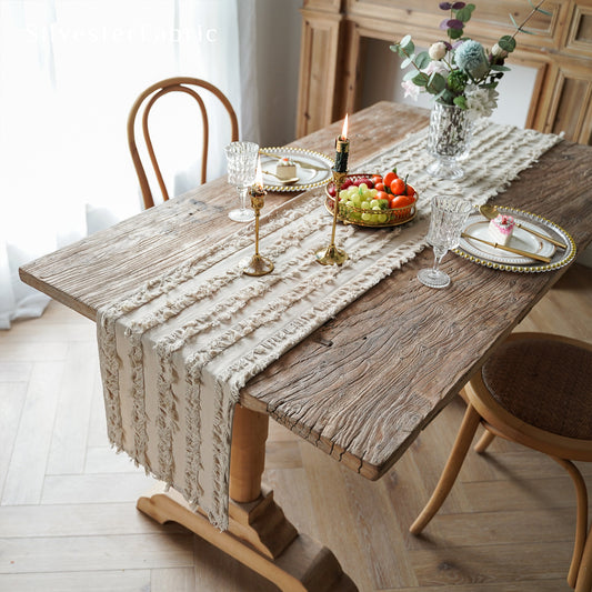 Grey French Stripes Appliqué Outdoor Vintage Country Table Runner