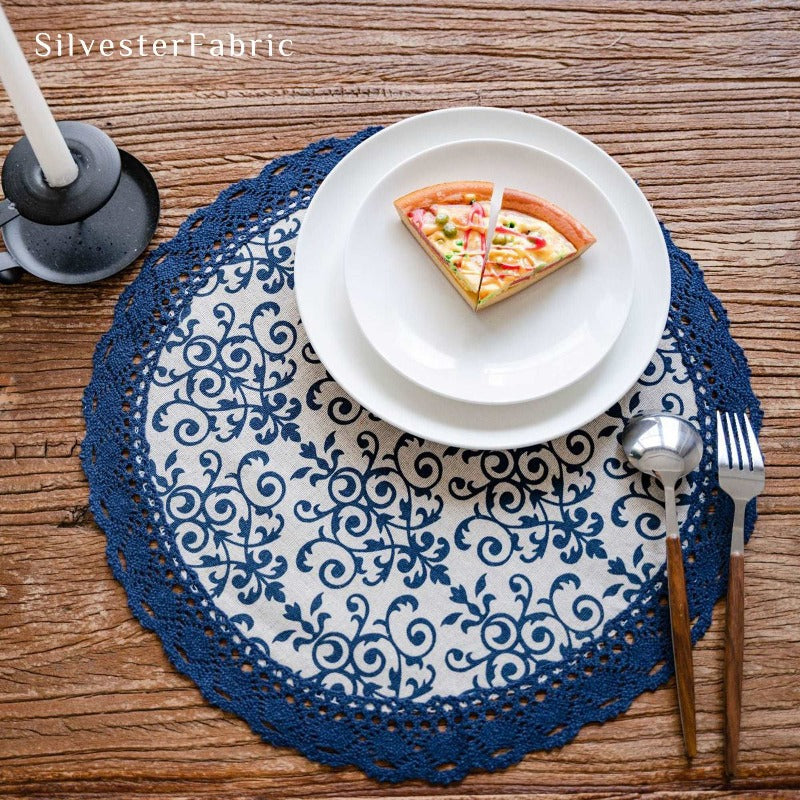 Blue floral linen table mats on the table