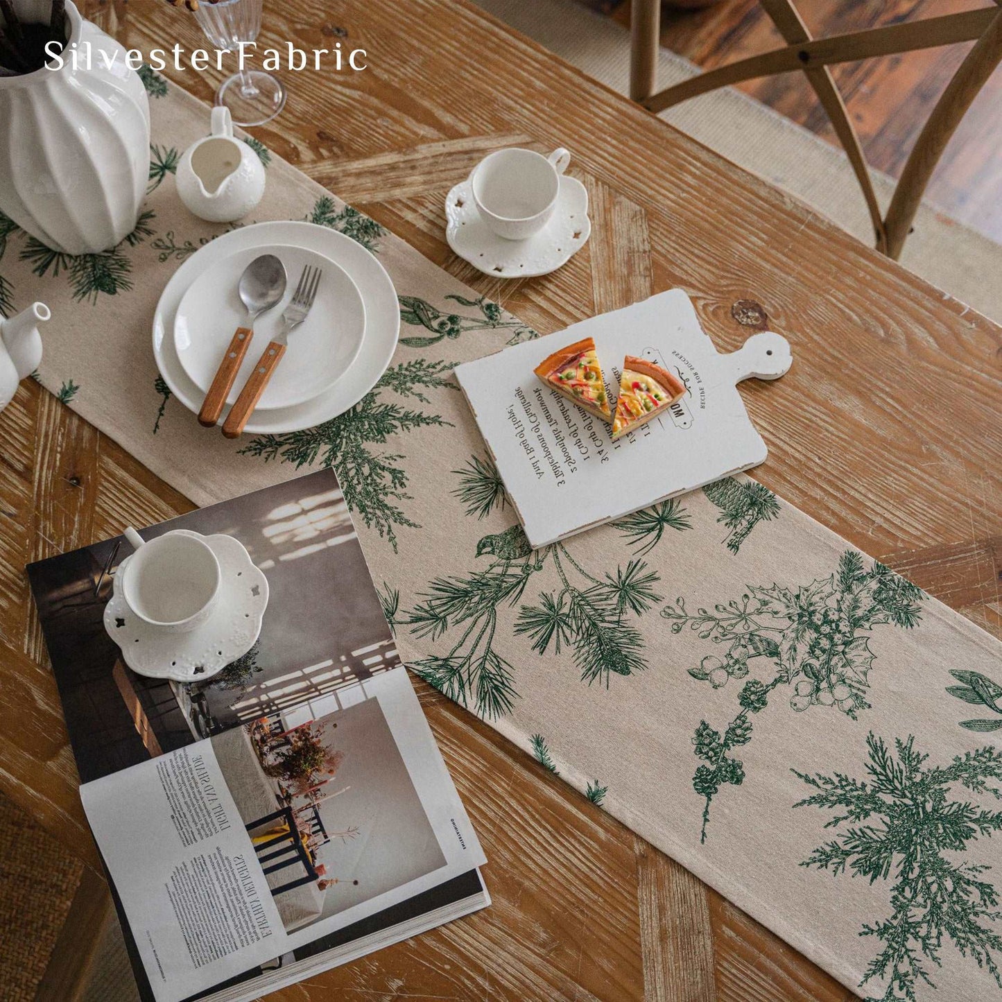 French Green Pine And Bird Pattern Print Farmhouse Linen Table Runners