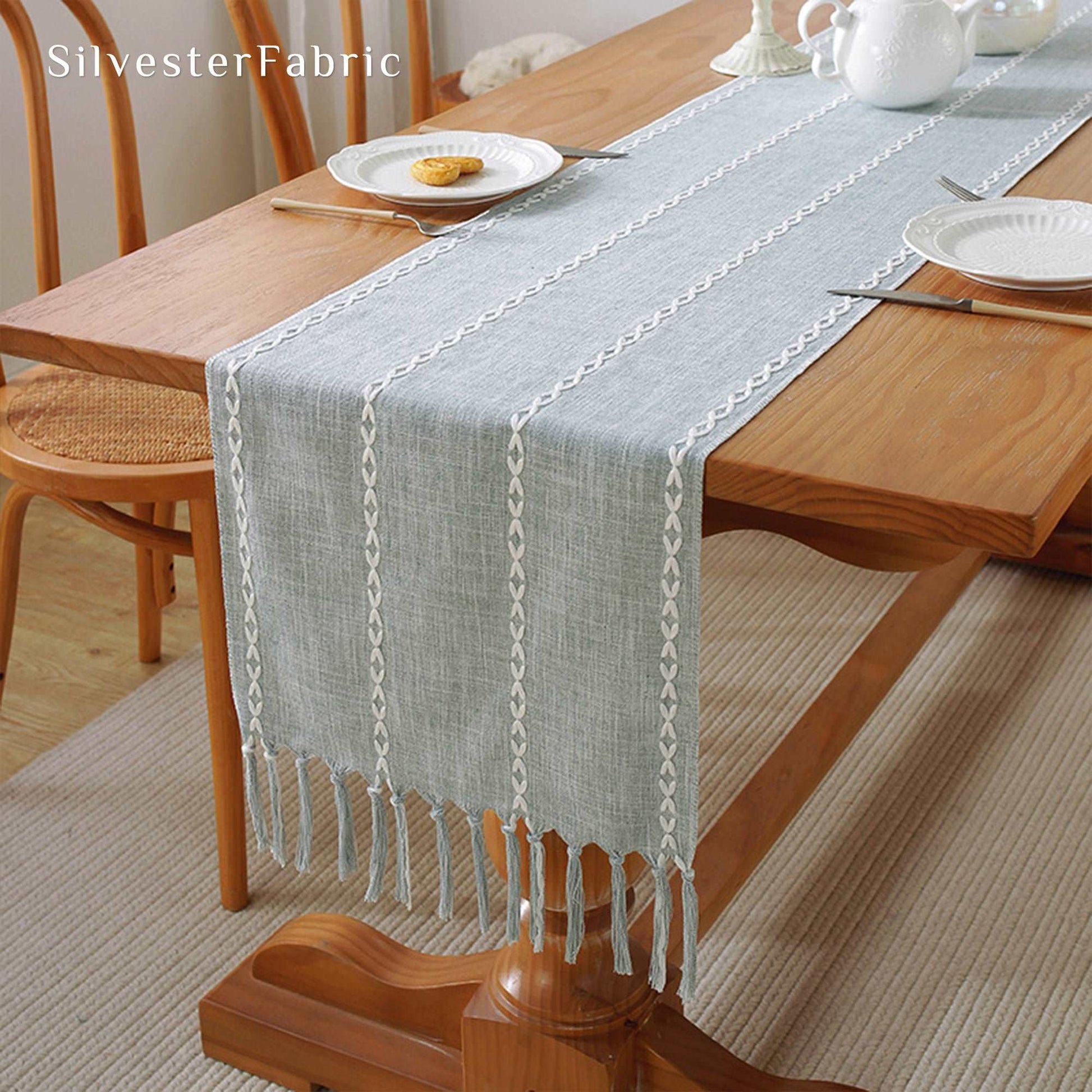 Green Vintage Stripes Embroidery French Linen Outdoor Table Runners