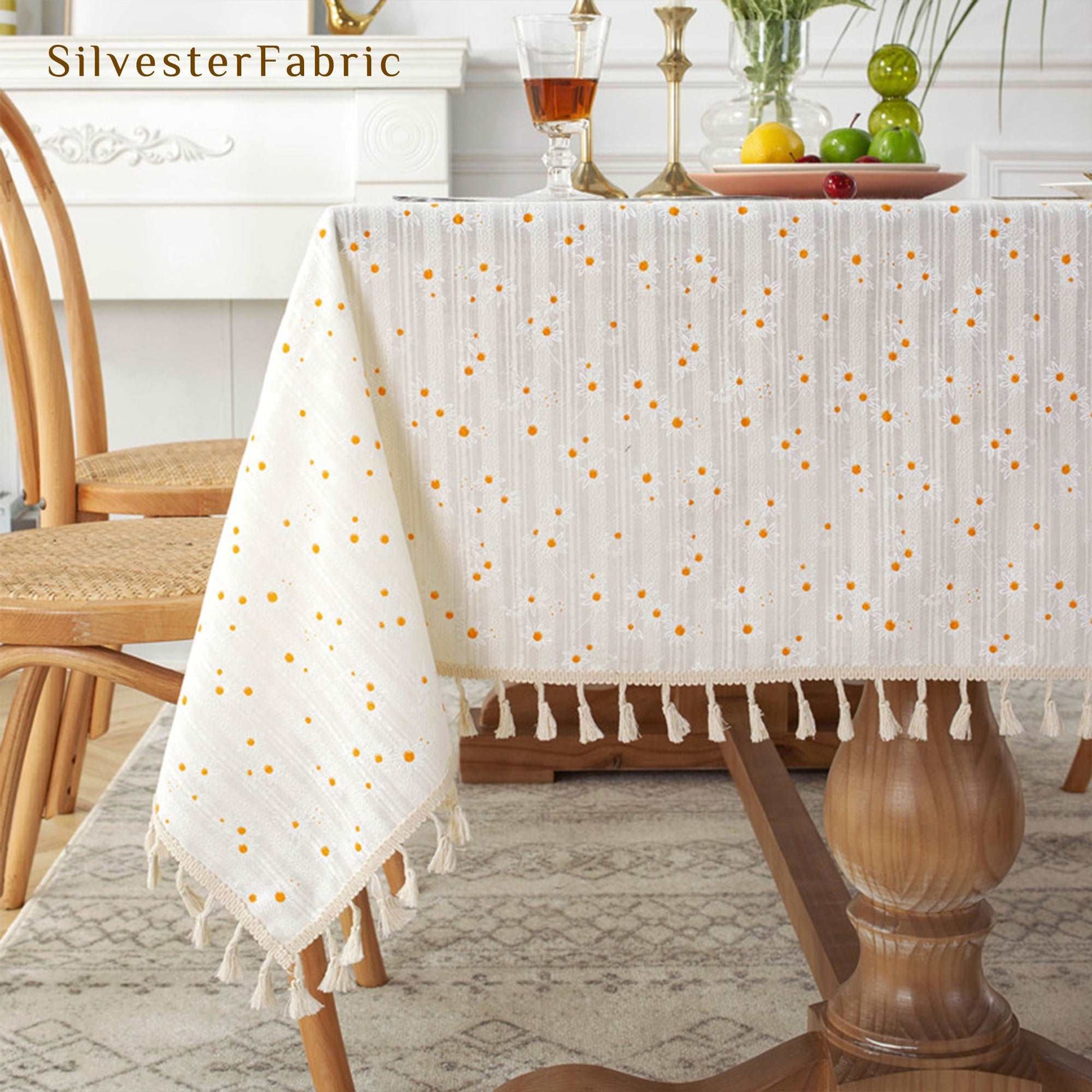 French FarmhouseYellow Floral Embroidered Rectangle Cotton Tablecloths