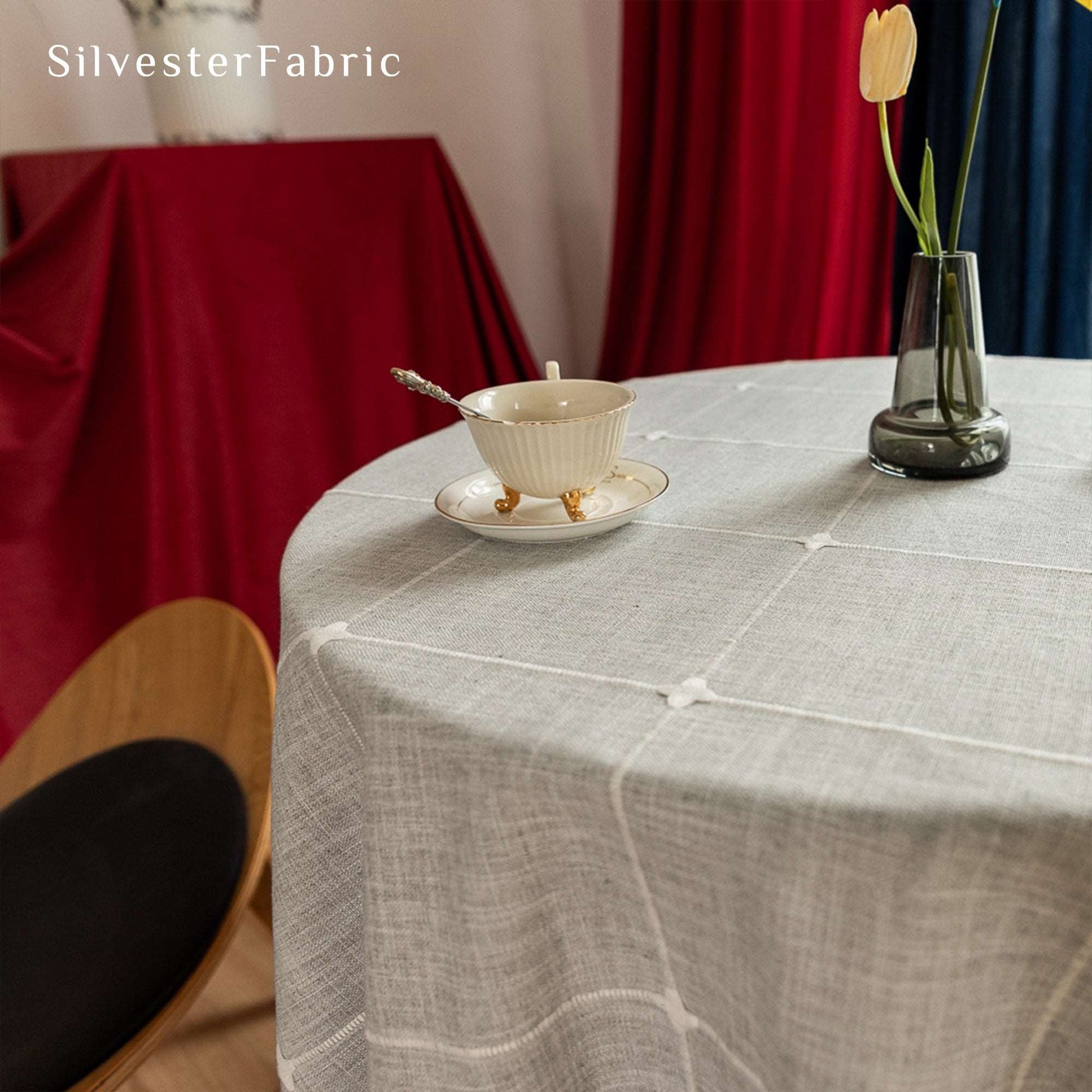 Plaid Cotton Linen Vintage Embroidery Tassel Grey Rectangle Tablecloths