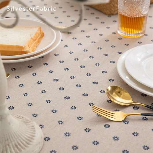 blue farmhouse floral rectangle tablecloth fabric close-up