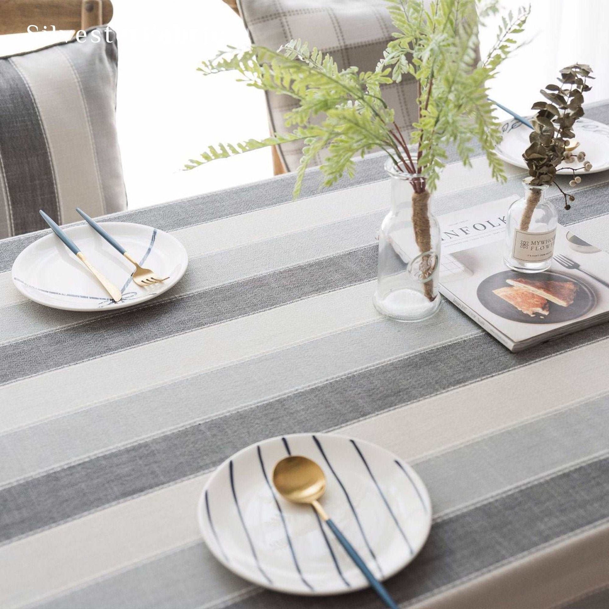 Striped Rustic Grey Rectangle Vintage Outdoor Cotton Linen Tablecloths