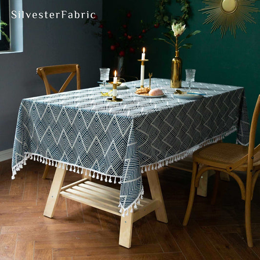 Scandinavian Wave Geometric Pattern Faux Linen Rectangle Tablecloths