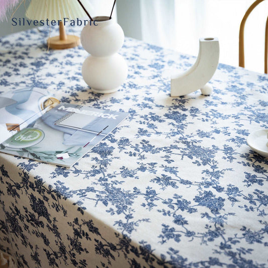 farmhouse blue floral tablecloth edge stitching detail
