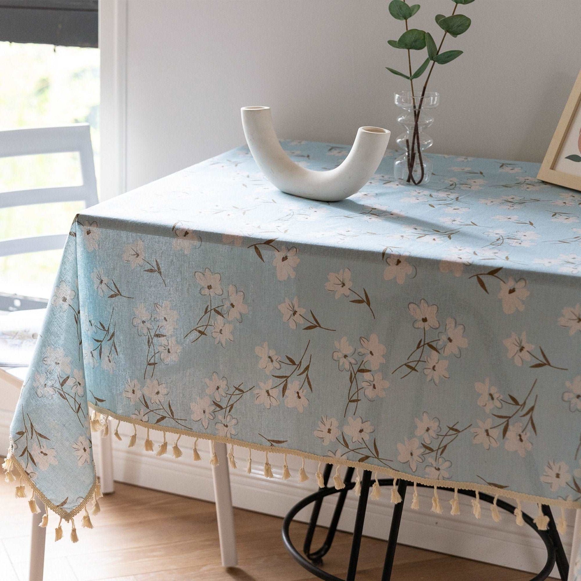 Elegant French Country Floral Linens Blue Outdoor Rectangle Tablecloth