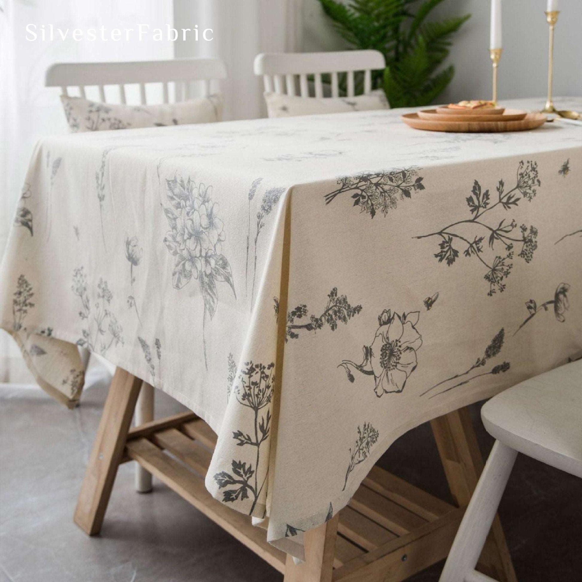 Vintage French Country Linen Floral Print Outdoor Rectangle Tablecloths