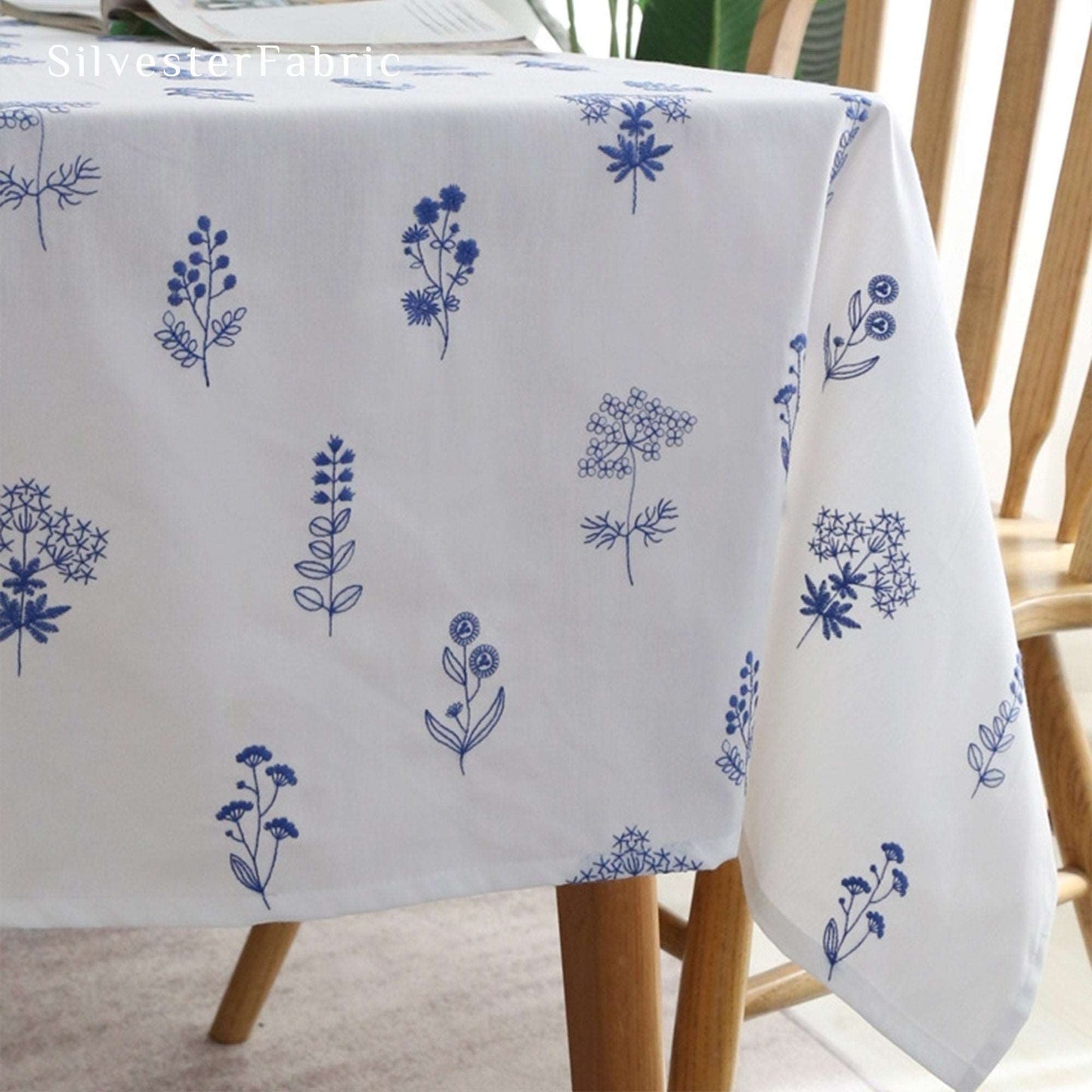 French Country Blue Embroidered Flowers Cotton Rectangle Tablecloths
