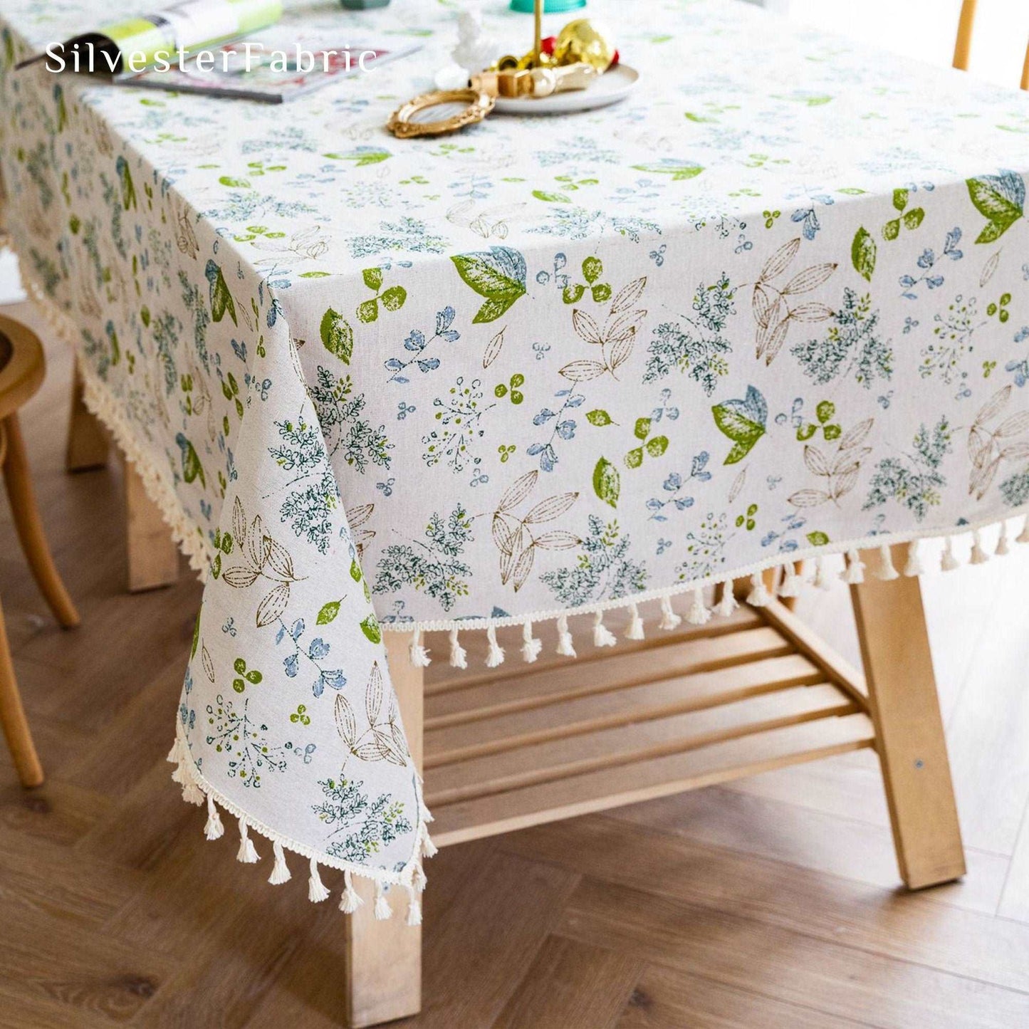 Green Plant Print French Country Cotton Linen Rectangle Tablecloths