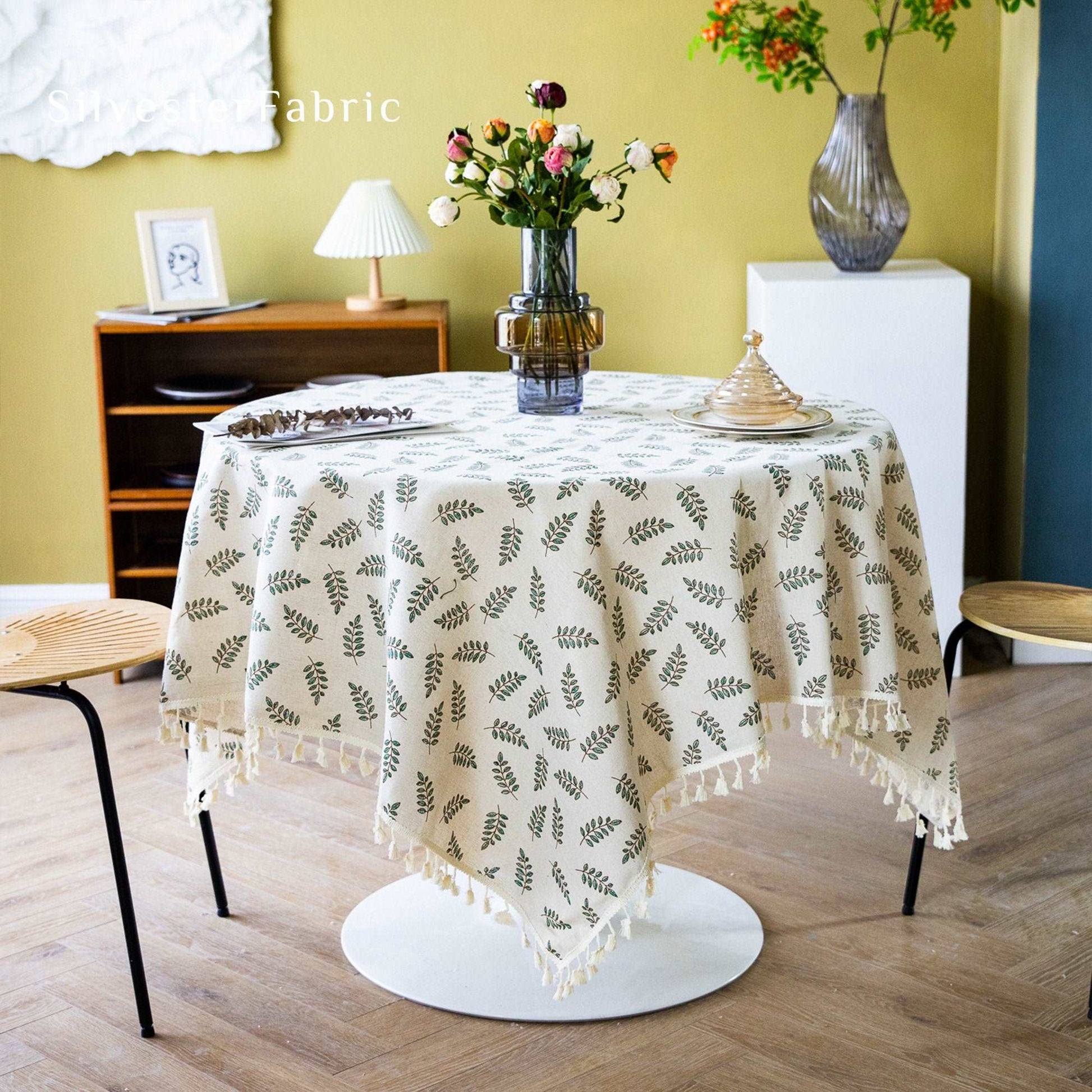 Green Leaf Plant Pattern Linen Rectangle French Country Tablecloths