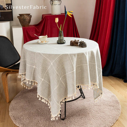 Plaid Cotton Linen Vintage Embroidery Tassel Grey Rectangle Tablecloths