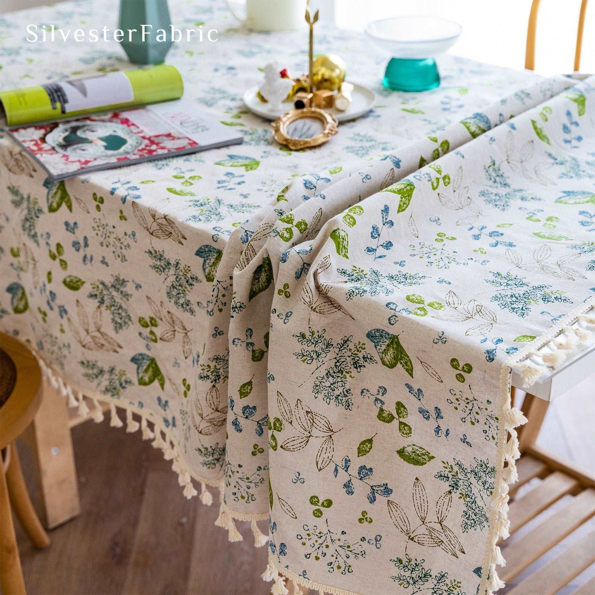 Green Plant Print French Country Cotton Linen Rectangle Tablecloths