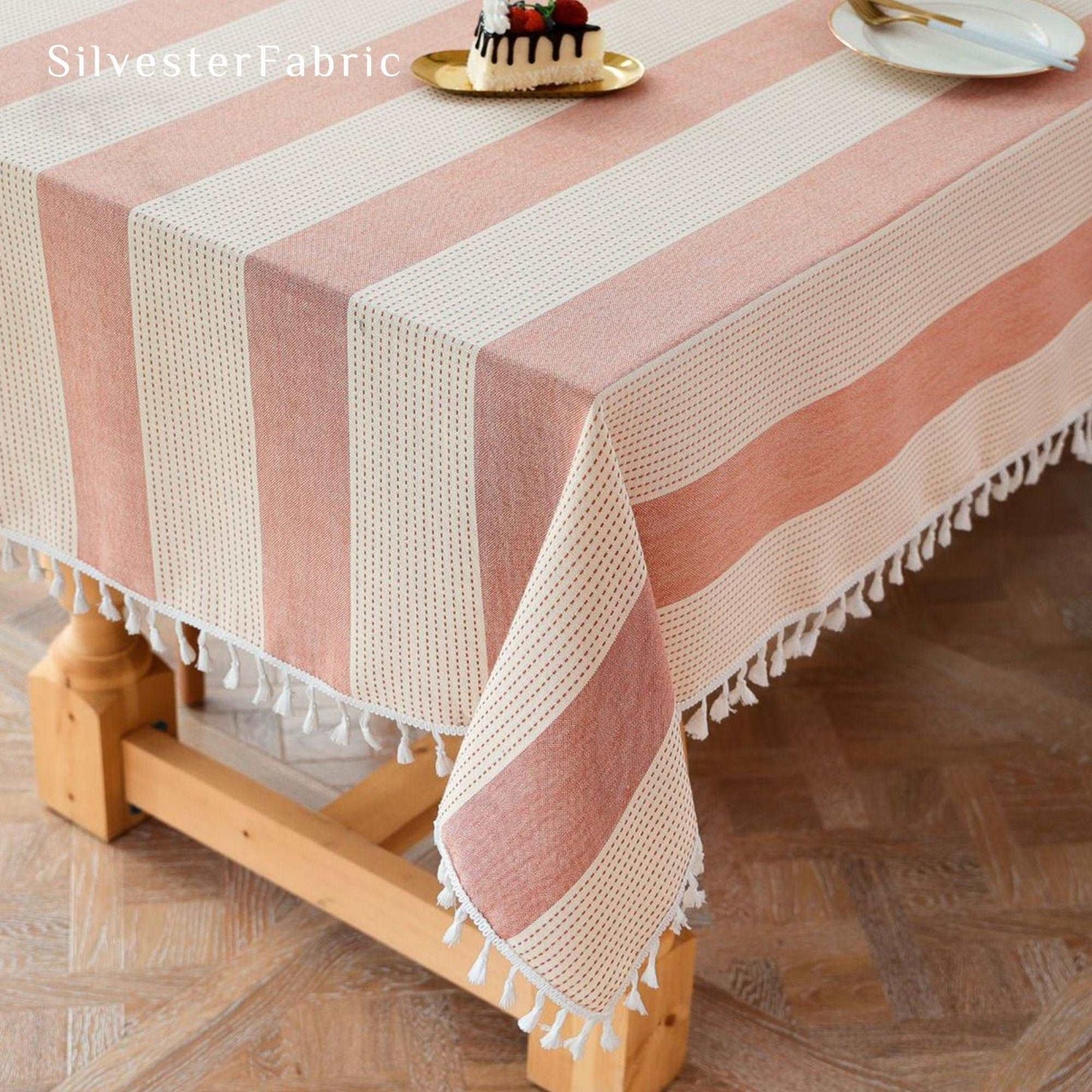 Striped Line Embroidered Cotton Linen Rectangle Outdoor Tablecloths