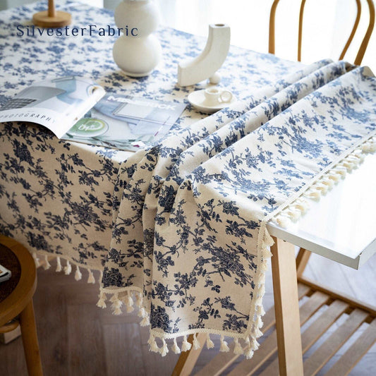 Vintage Blue Floral Tablecloth丨Farmhouse Decor - Silvester Fabric