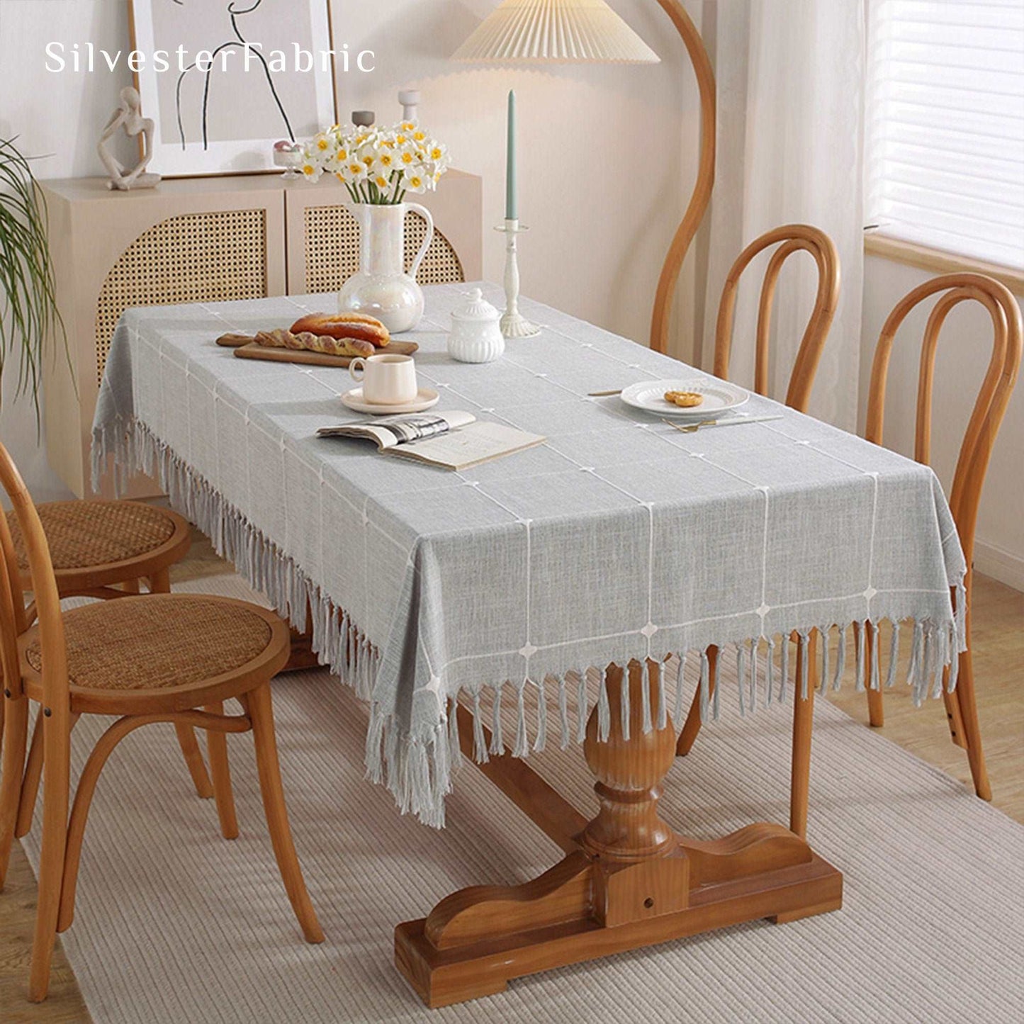 Embroidered Linen Country Outdoor Rectangle Tablecloth In Grey Plaid