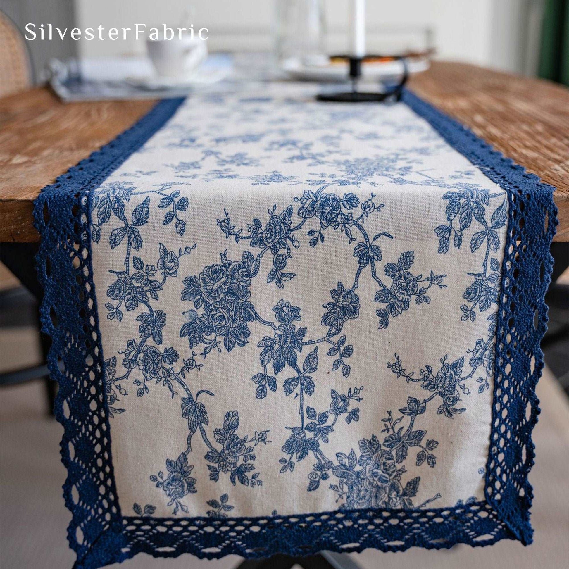 French Country Blue Rose Print Vintage Floral Linen Table Runner
