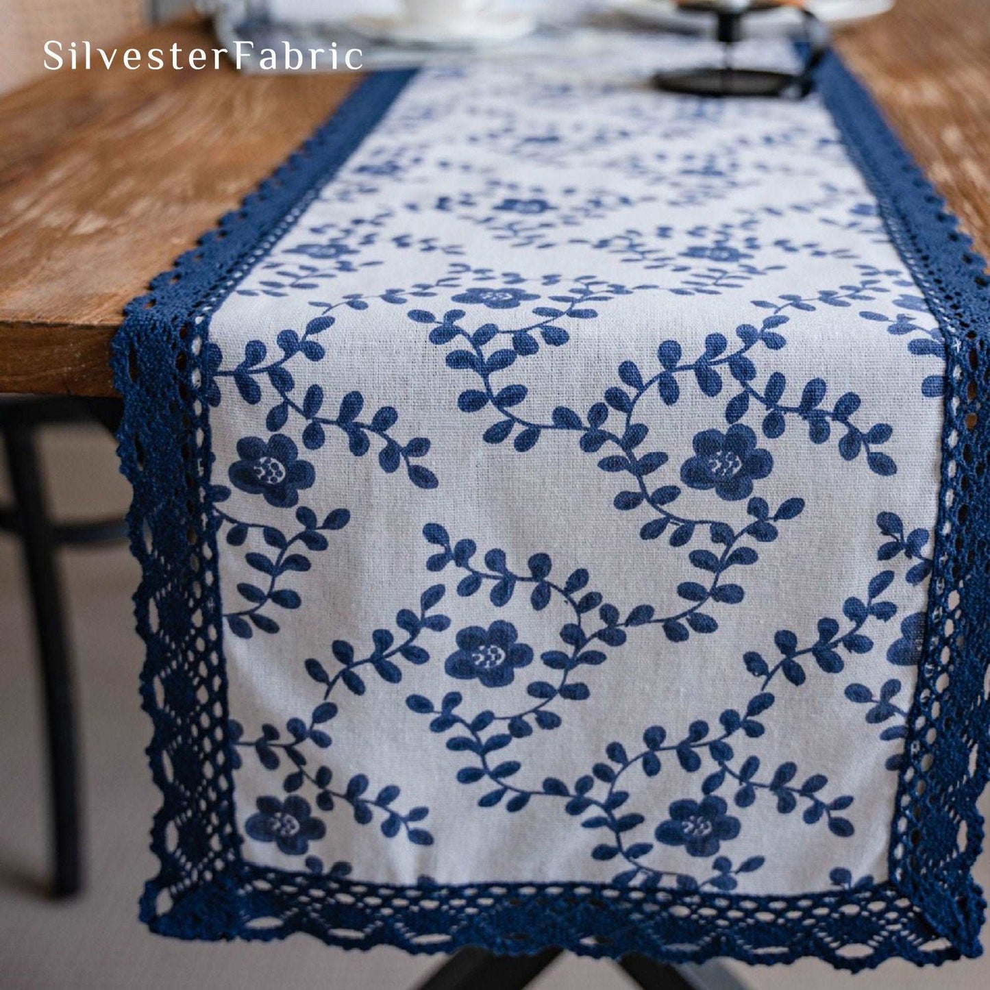 Vintage French Blue Floral Print Linen Rectangle Table Runners