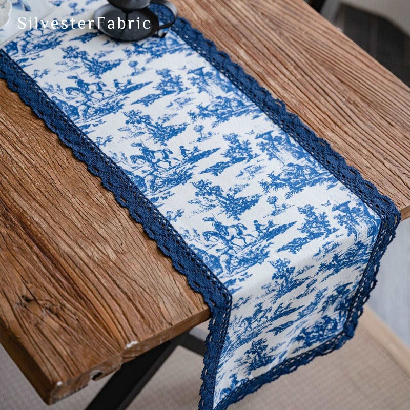 Elegant blue linen table runner on table