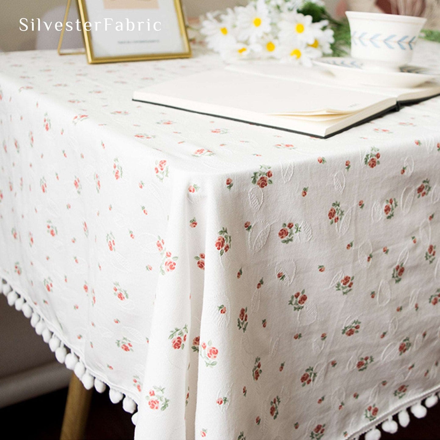 French Floral Print Rustic Vintage Rectangle Embroidered Tablecloth