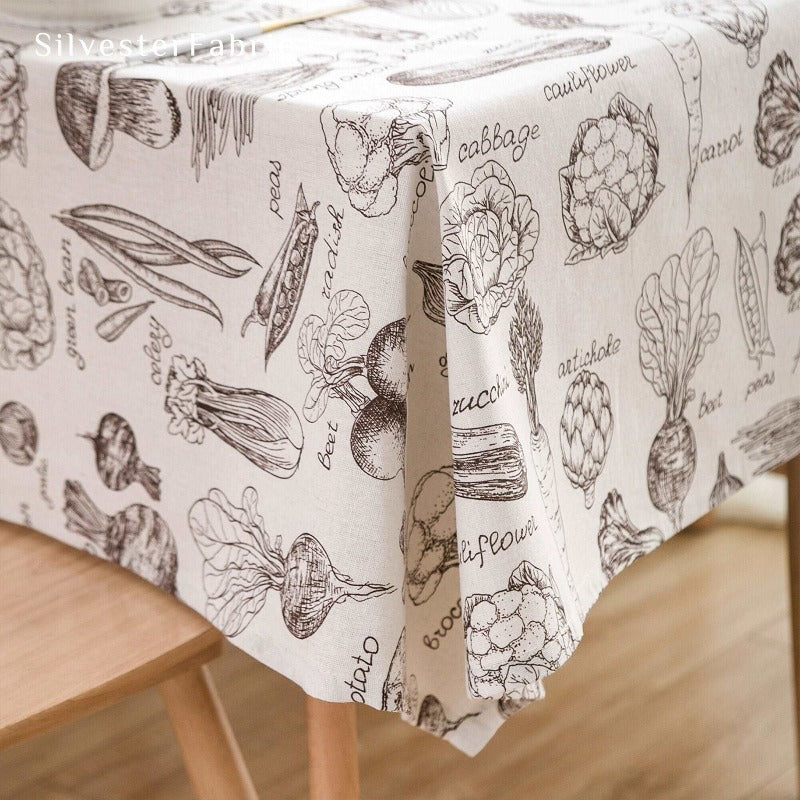 French Vegetable Print Linen Vintage Outdoor Rectangle Tablecloths