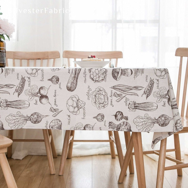 French Vegetable Print Linen Vintage Outdoor Rectangle Tablecloths