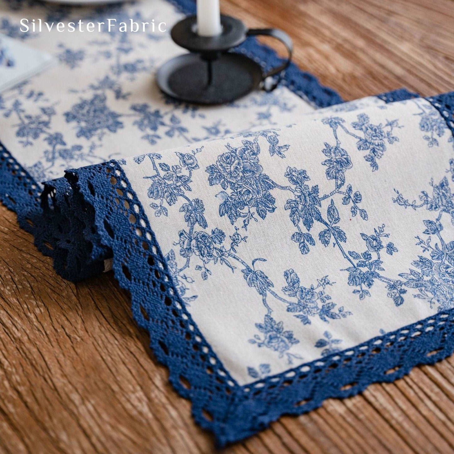 French Country Blue Rose Print Vintage Floral Linen Table Runner