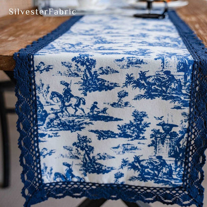 Elegant blue linen table runner on table