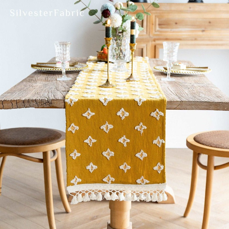 Vintage French Country Outdoor Embroidery Yellow Table Runner
