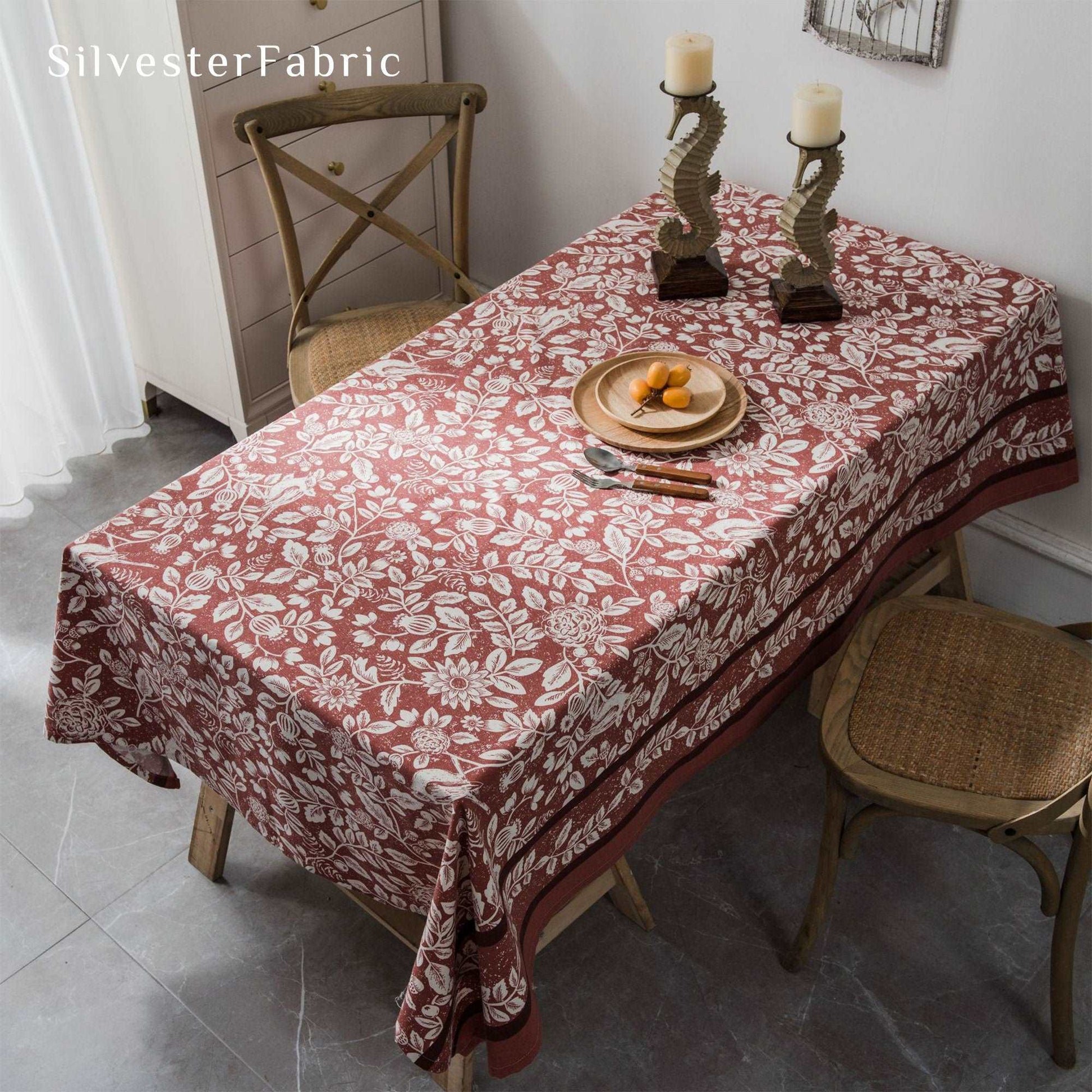 French Country Linen Plant Little Bird Print Rectangle Tablecloth
