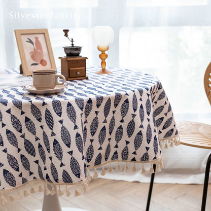Blue Fish Pattern Cotton Linen Rectangle Minimalist Tablecloths