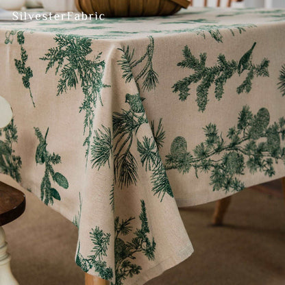 French Green Pine Tree And Bird Print Rectangle Linen  Tablecloths