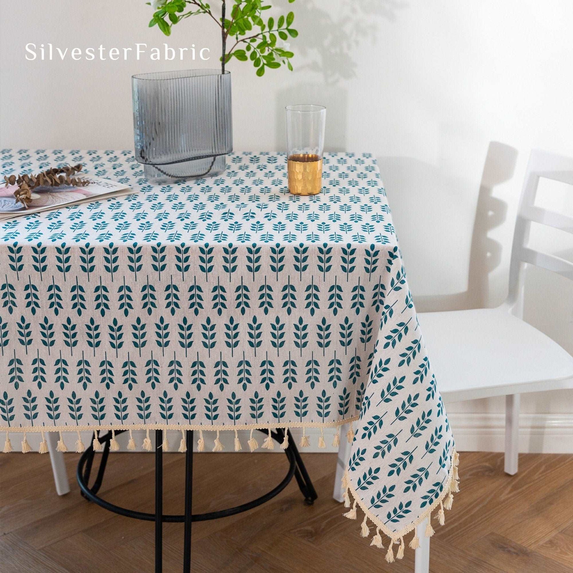 Geometric Abstract Leaf Pattern Cotton Linens Rectangle Tablecloth