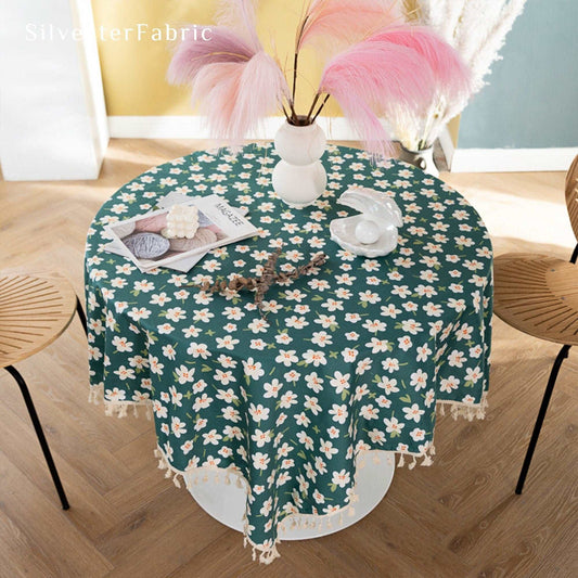 White Floral Green Tablecloth丨Free Shipping - Silvester Fabric