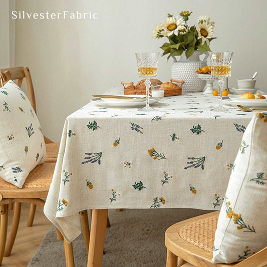 Floral Embroidered Rectangle Tablecloths丨Spring Linen Fabric