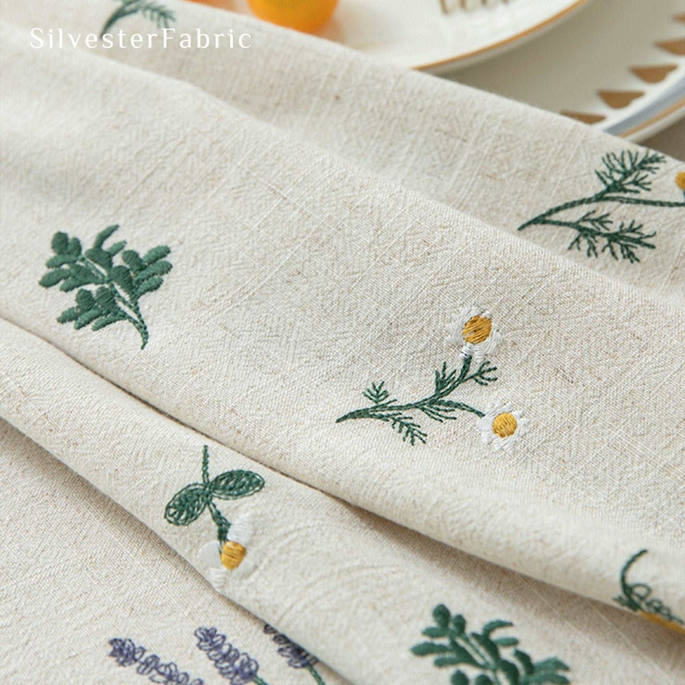 Embroidered French Vintage Cotton Linen Floral Rectangular Tablecloths