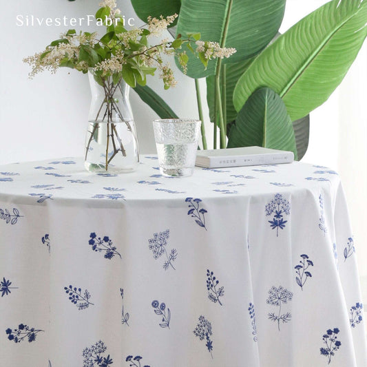 White Embroidered Tablecloth丨Blue Floral Patterns - Silvester Fabric