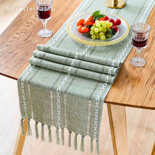 Green Linen Vintage French Country Embroidery Outdoor Table Runners